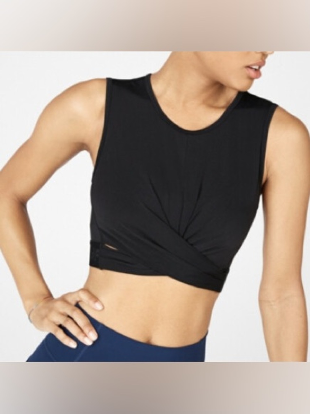 Fabletics Pia Powertouch Black Twist-Front Crop Tank Top - Medium
